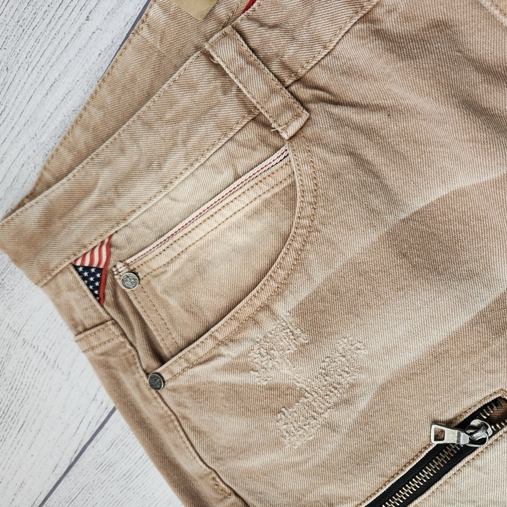 Men's Biker Slim Distressed Jeans (Tan/Taupe Wash) - Picture 7 of 16